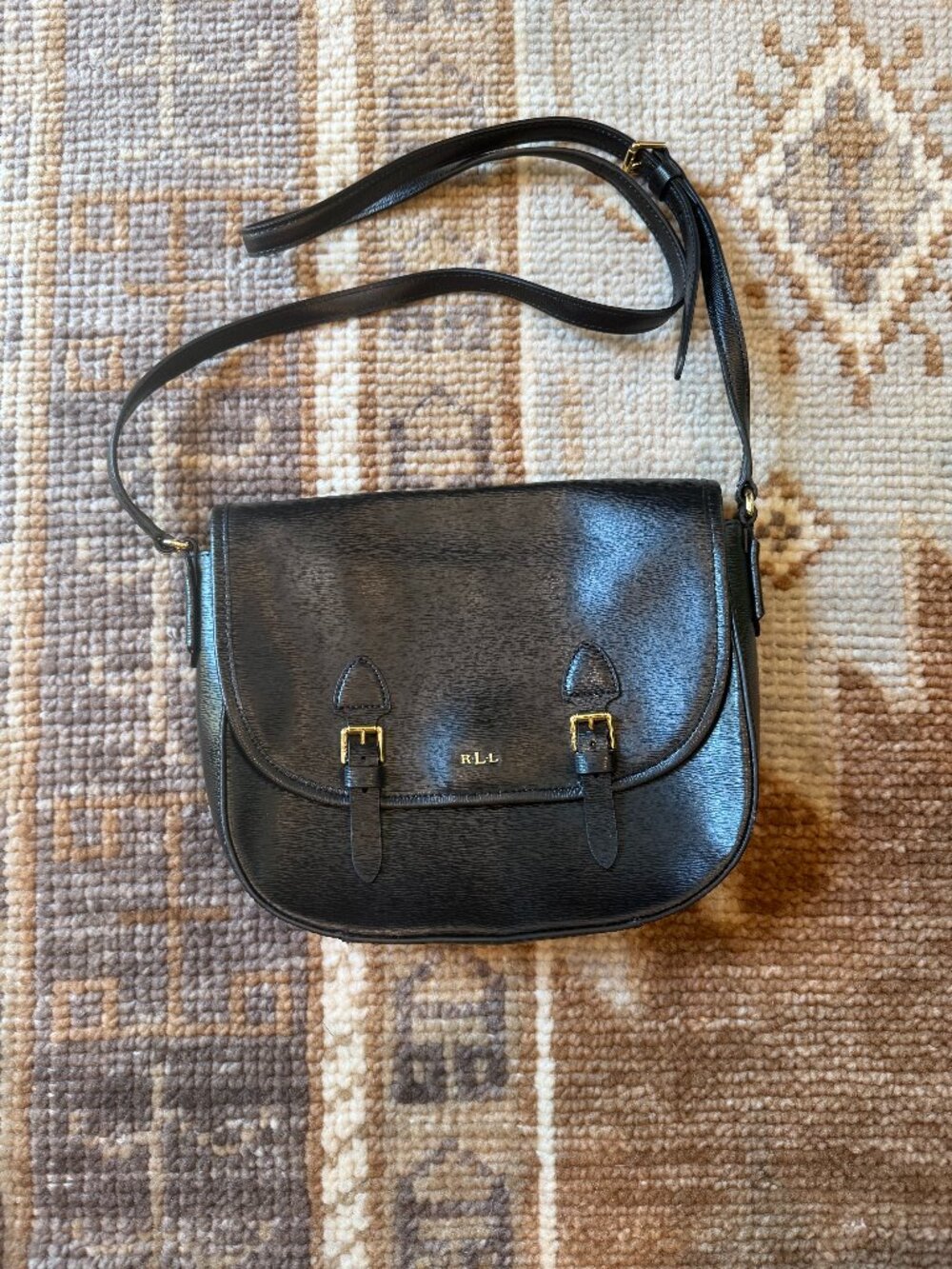 Lauren Ralph Lauren RLL Black Leather Messenger Bag - Picture 2 of 5